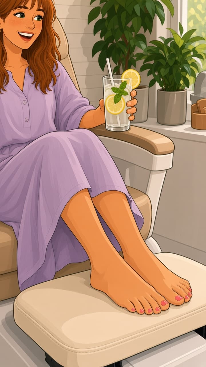 Freshly painted pink toenails resting on a pedicure footrest at a bright salon