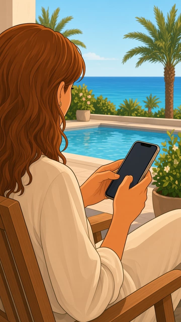 Sofia's hands tapping send on her phone by a pool with a sea view